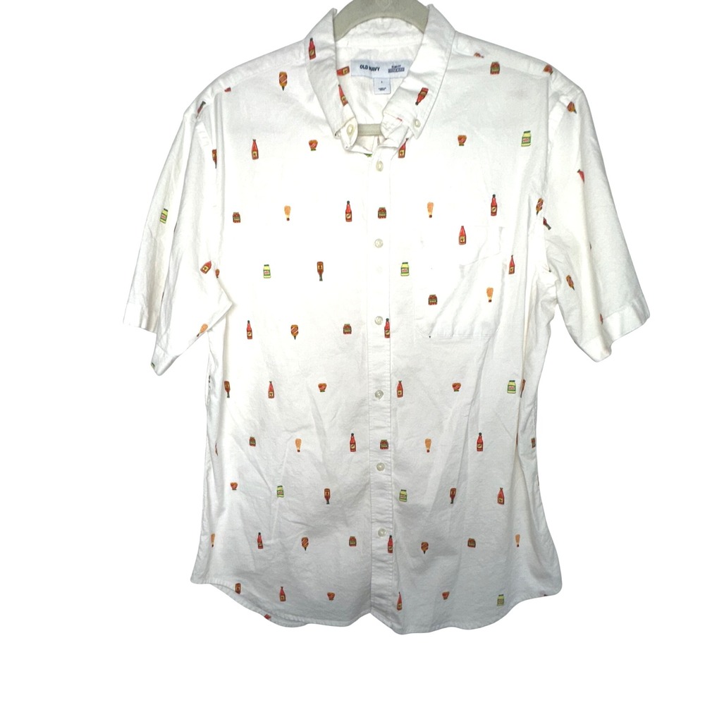 Old Navy Mens Large Slim Fit Flex Button Down Shirt Short Sleeve Condiment Print